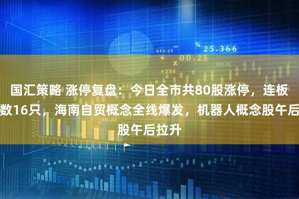 国汇策略 涨停复盘：今日全市共80股涨停，连板股总数16只，海南自贸概念全线爆发，机器人概念股午后拉升